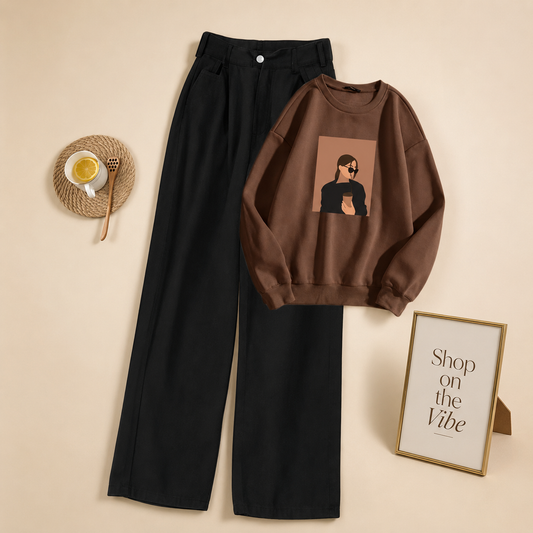 COFFE GIRL BROWN SWEATSHIRT WITH BLACK WIDE LEG