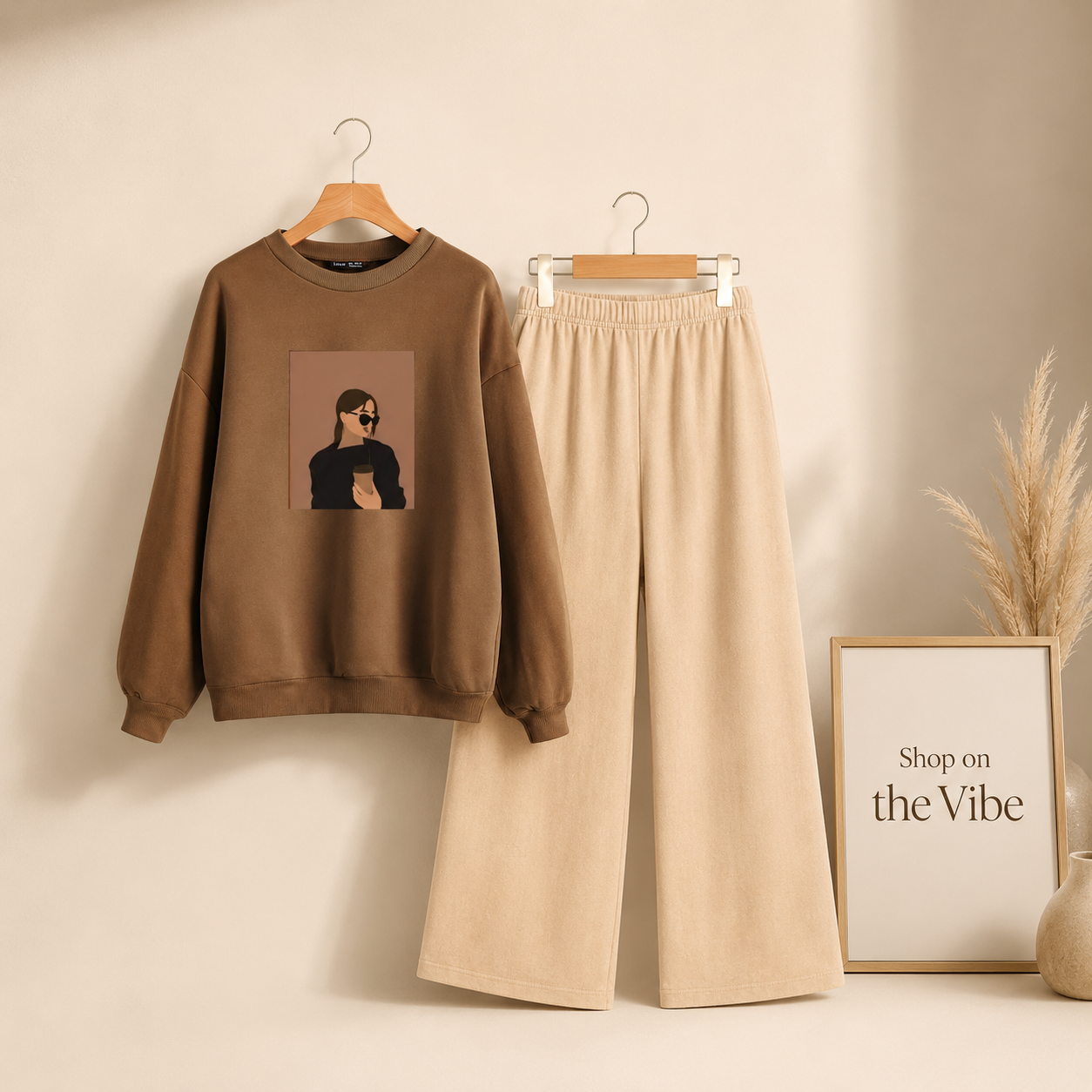 COFEE GIRL BROWN SWEATSHIRT WITH BEIGE FLAPPER