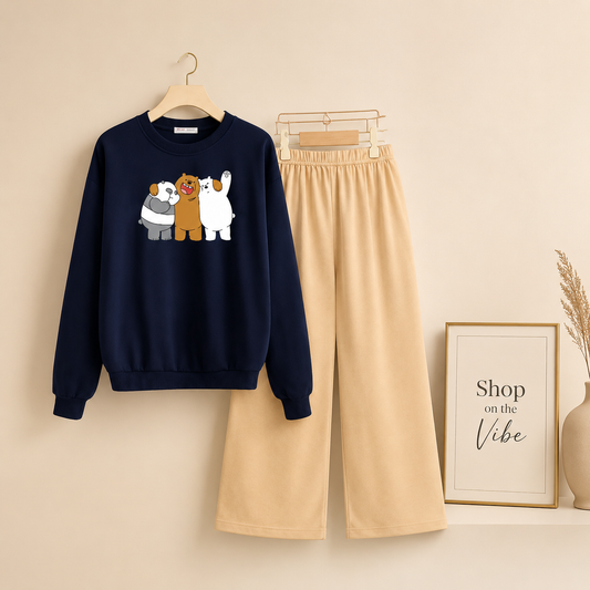 NAVY BLUE TOGETHER BEAR SWEATSHIRT WITH BEIGE FLAPPER
