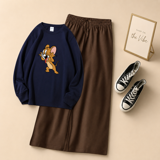 JERRY NAVY BLUE SWEATSHIRT WITH BROWN FLAPPER