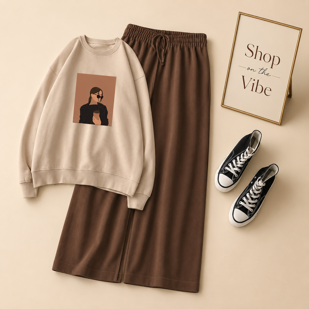 COFEE GIRL BEIGE SWEATSHIRT WITH BROWN FLAPPER