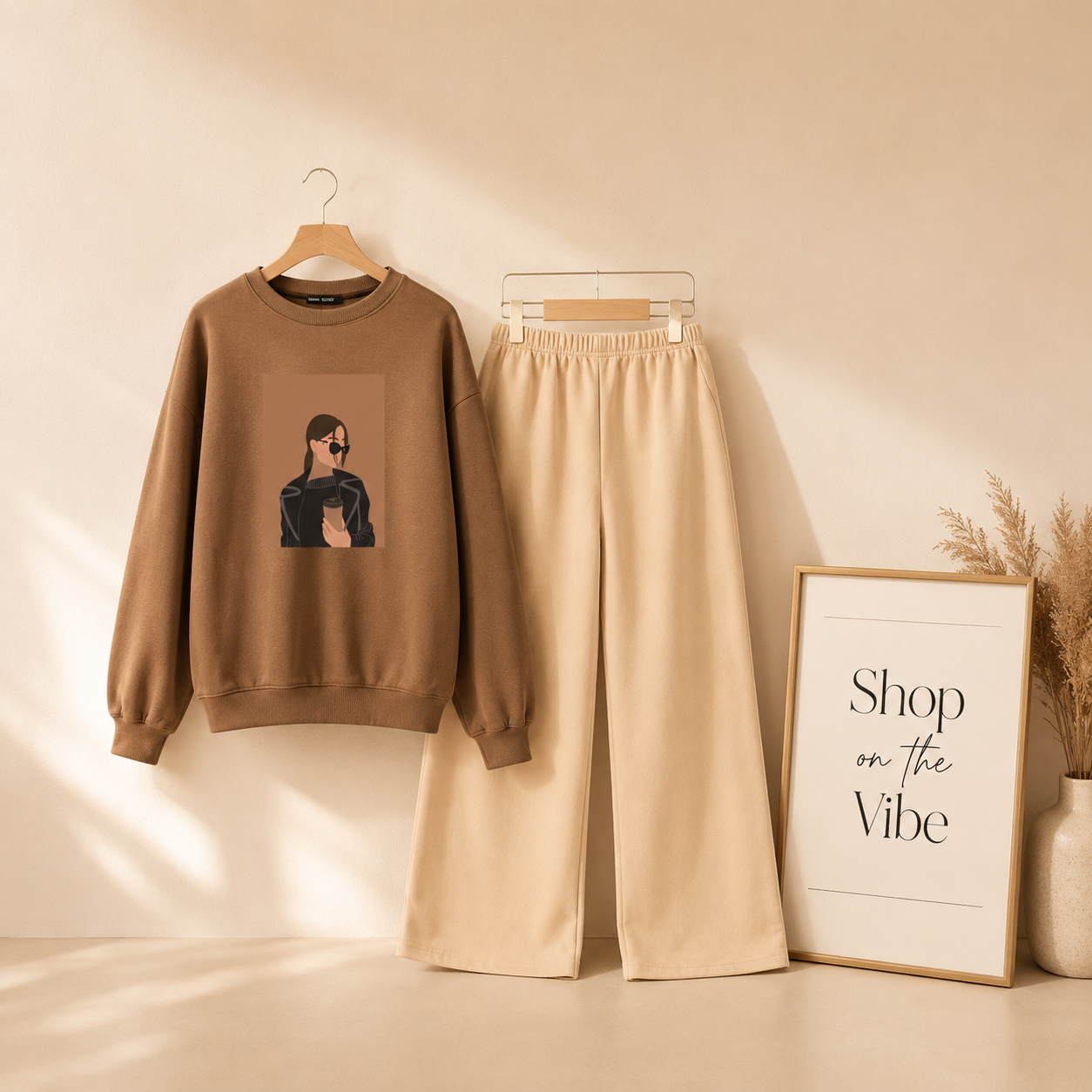 COFEE GIRL BROWN SWEATSHIRT WITH BEIGE FLAPPER