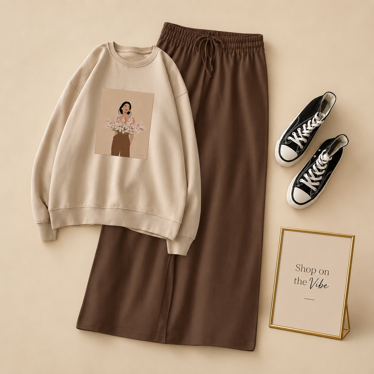 FLOWER GIRL BEIGE SWEATSHIRT WITH BROWN FLAPPER