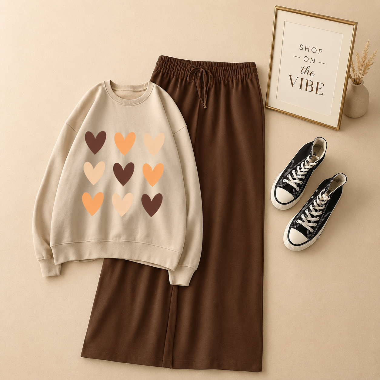BROWN HEART SHEET BEIGE SWEATSHIRT WITH BROWN FLAPPER