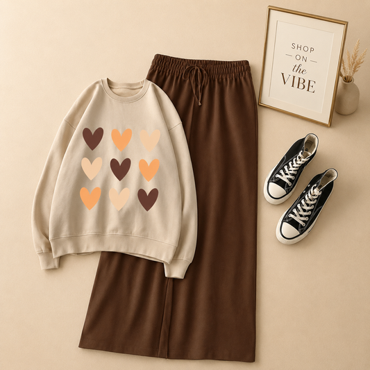 BROWN HEART SHEET BEIGE SWEATSHIRT WITH BROWN FLAPPER