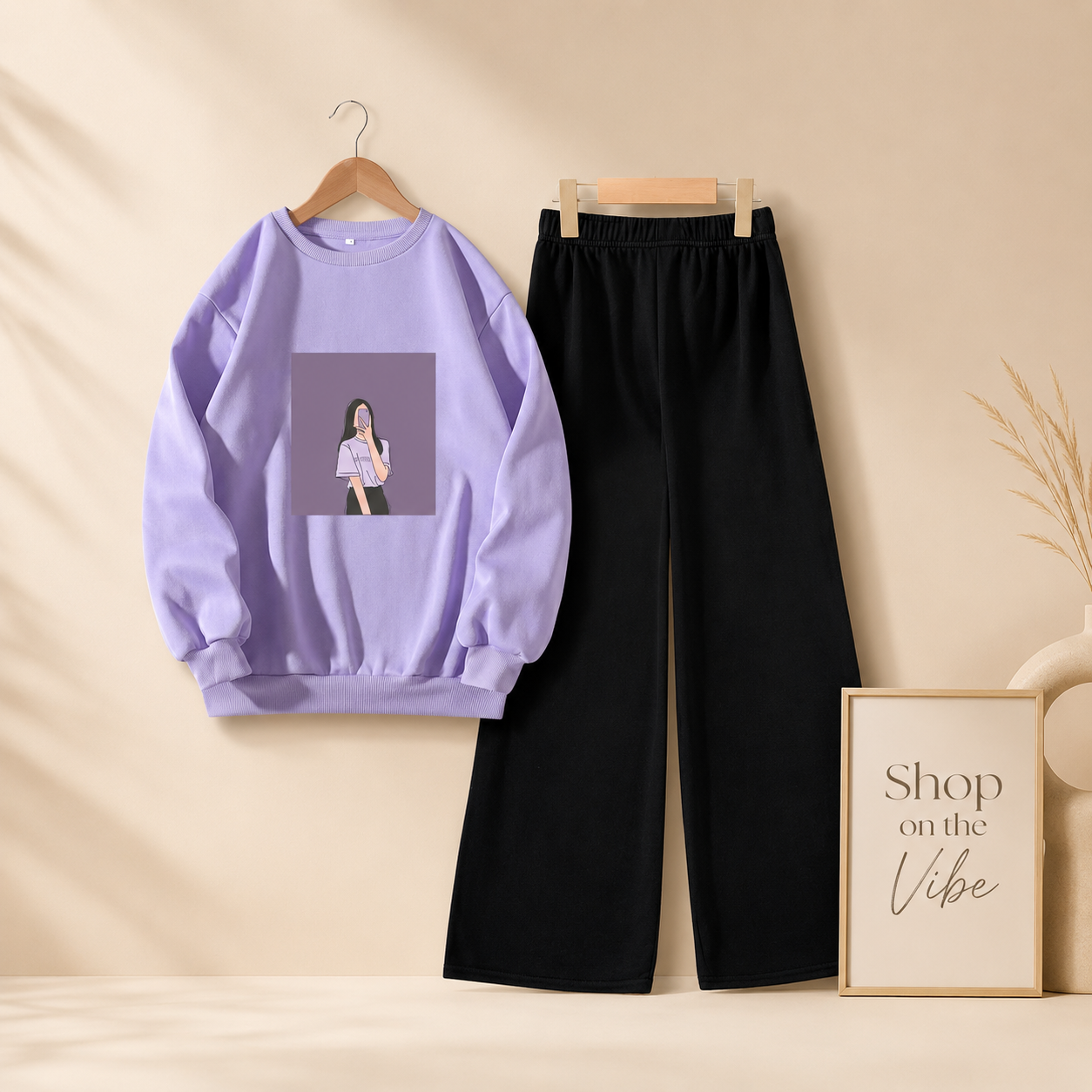 PUPRLE BACKGROUND WITH LILAC SWEATSHIRT WITH FLAPPER