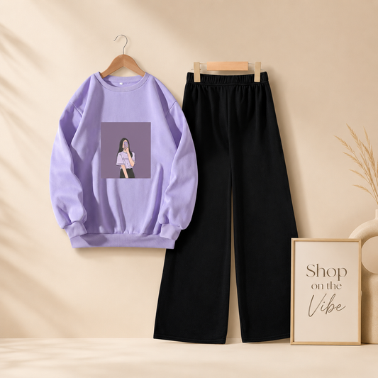 PUPRLE BACKGROUND WITH LILAC SWEATSHIRT WITH FLAPPER