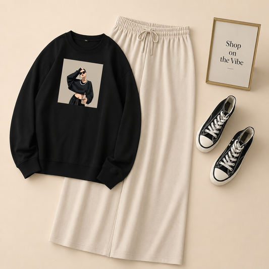 NECKLACE GIRL BLACK SWEATSHIRT WITH BEIGE FLAPPER