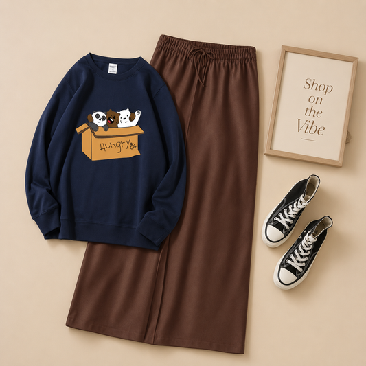 HUNGRY BEAR NAVY BLUE SWEATSHIRT WITH BROWN FLAPPER