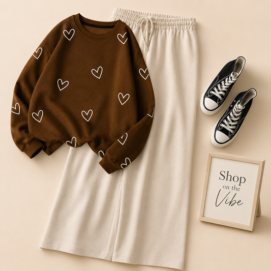 HEART ALLOVER BROWN SWEATSHIRT WITH BEIGE FLAPPER