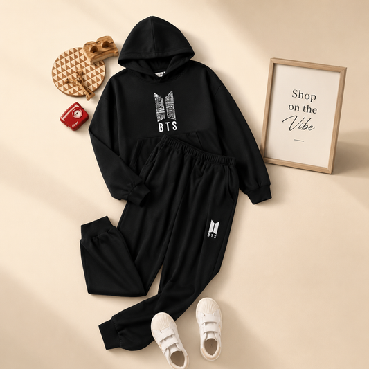 BLACK HOOD TRACKSUIT PRINTED BTS DETAILED LOGO