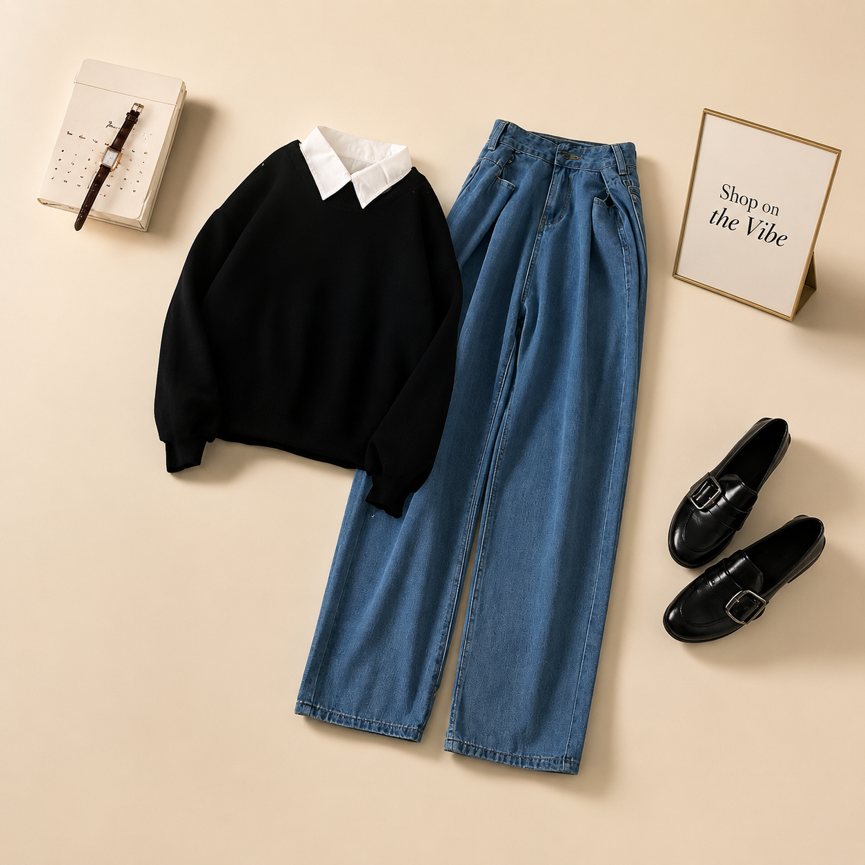 BLACK COLLAR SWEATSHIRT WITH MID BLUE JEANS