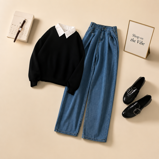 BLACK COLLAR SWEATSHIRT WITH MID BLUE JEANS