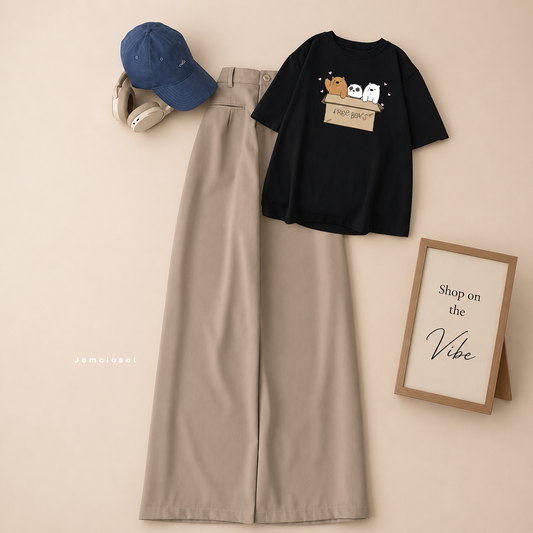 BLACK FREE BEAR TEE WITH BEIGE WIDE LEG JEANS