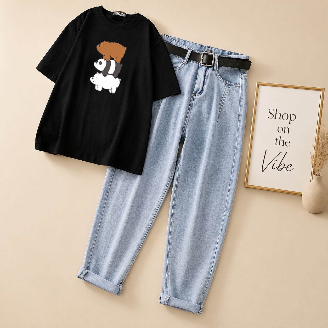 BLACK BEAR ON BEAR TSHIRT WITH ICE BLUE MOM JEANS