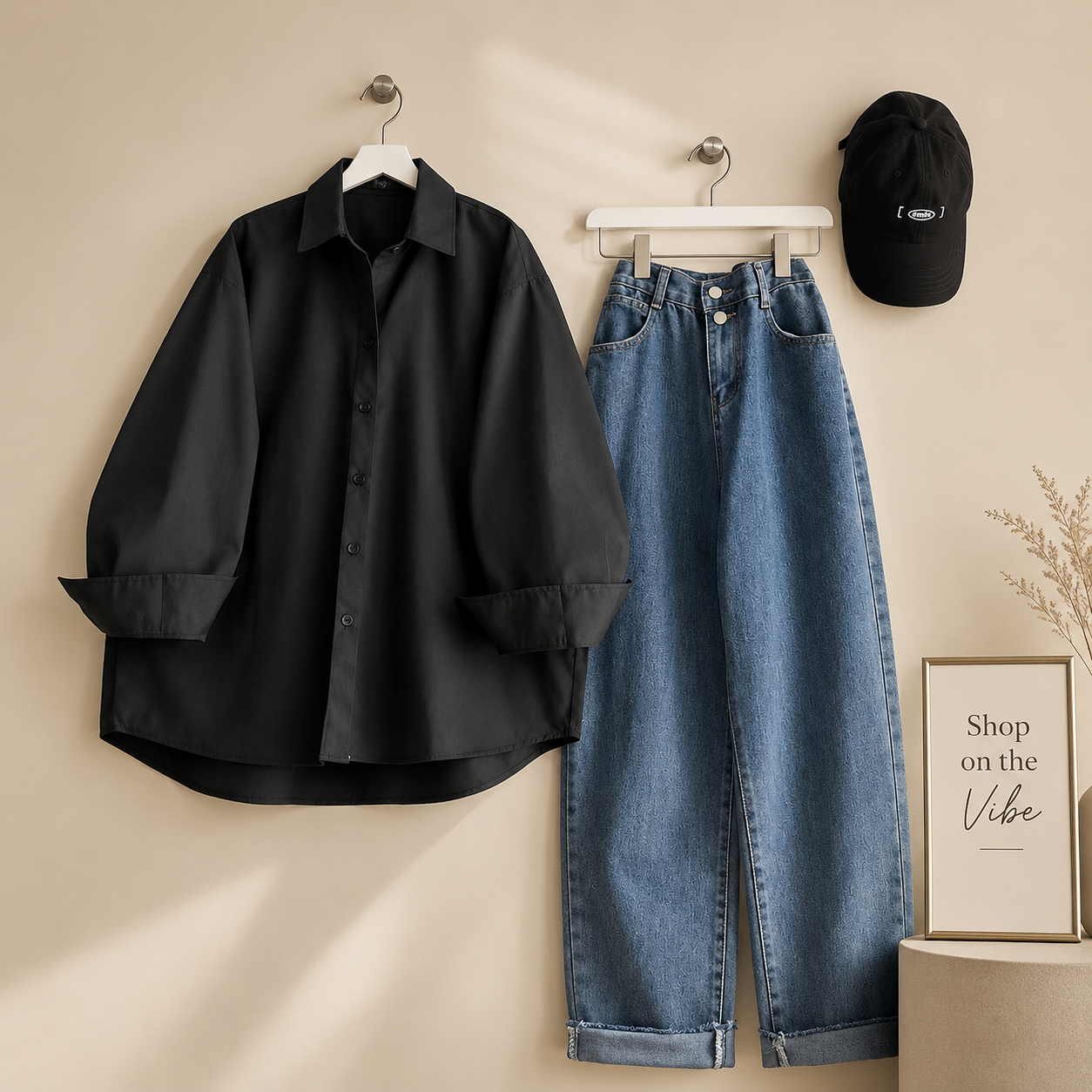 BLACK BUTTON SHIRT WITH SKY BLUE WIDE LEG JEANS COMBO