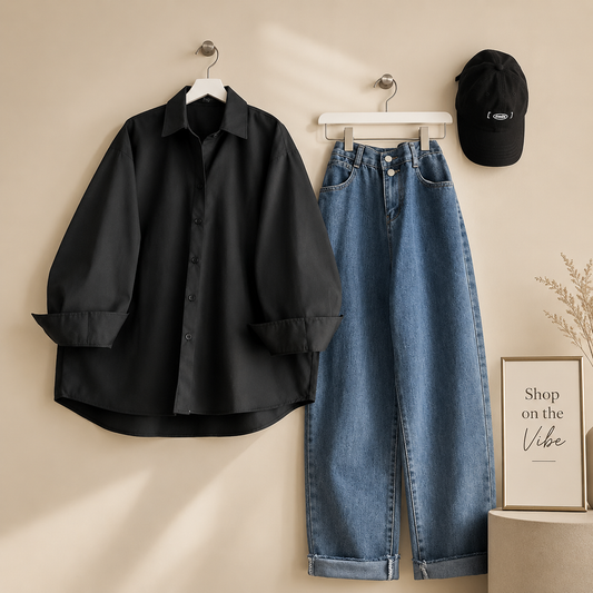 BLACK BUTTON SHIRT WITH SKY BLUE WIDE LEG JEANS COMBO