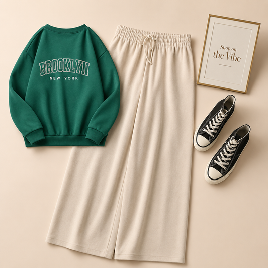 BROOKYLN BOTTLE GREEN SWEATSHIRT WITH BEIGE FLAPPER