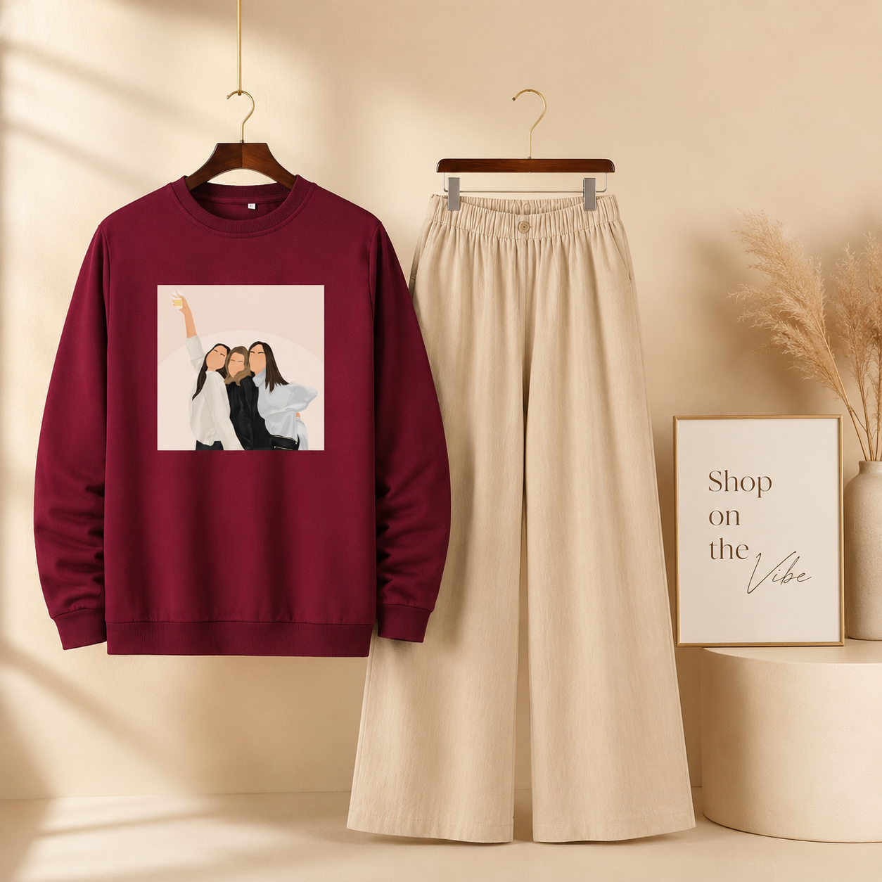 THREE GIRLS MAROON SWEATSHIRT WITH BEIGE FLAPPER