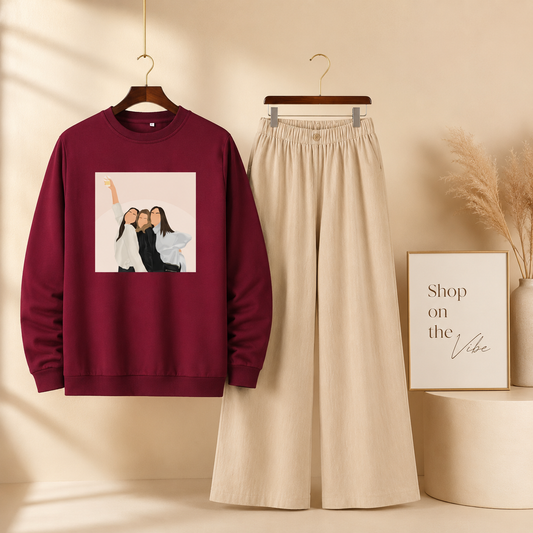 THREE GIRLS MAROON SWEATSHIRT WITH BEIGE FLAPPER