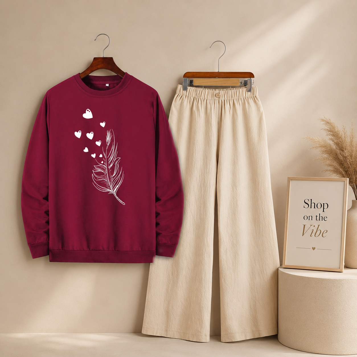 FEATHER MAROON SWEATSHIRT WITH BEIGE FLAPPER