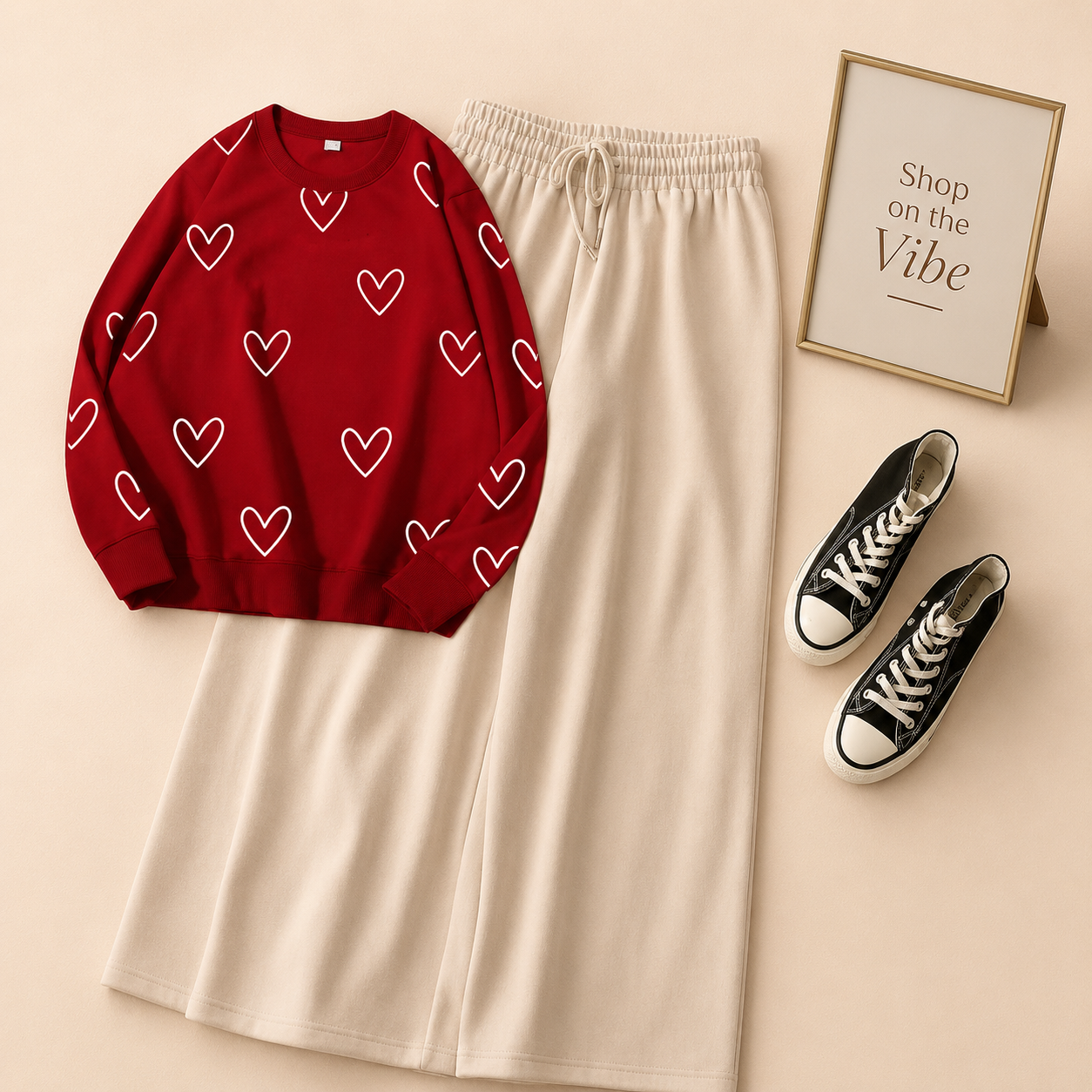 UNFILLED HEART RED SWEATSHIRT WITH BEIGE FLAPPER