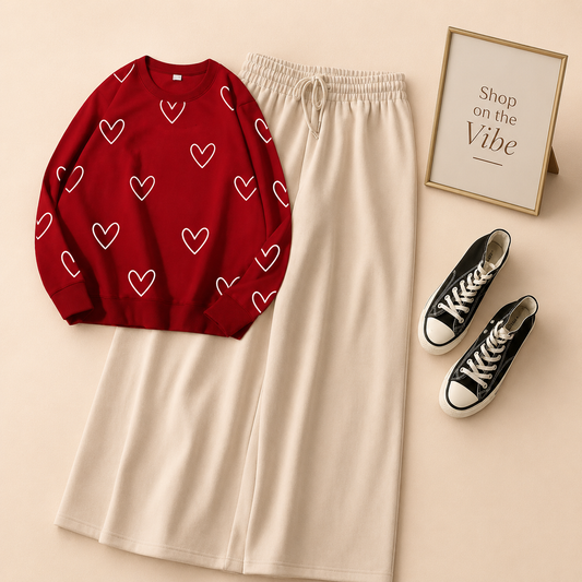 UNFILLED HEART RED SWEATSHIRT WITH BEIGE FLAPPER
