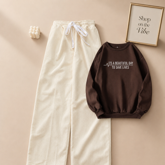 ITS A BEAUTIFUL DAY BROWN SWEATSHIRT WITH BEIGE FLAPPER