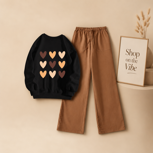 BROWN HEARTS BLACK SWEATSHIRT WITH BROWN FLAPPER