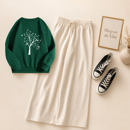NEW TREE BOTTLE GREEN SWEATSHIRT WITH BEIGE FLAPPER
