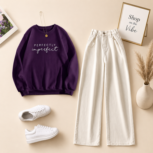 PURPLE SWEATSHIRT PERFECTLY IMPERFECT WITH WHITE WIDE LEG JEANS