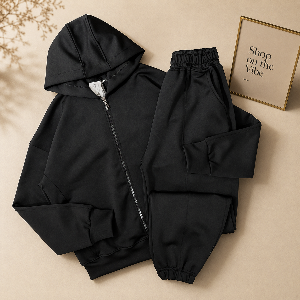 BASIC BLACK ZIPPER HOOD WITH BLACK SWEATPANTS
