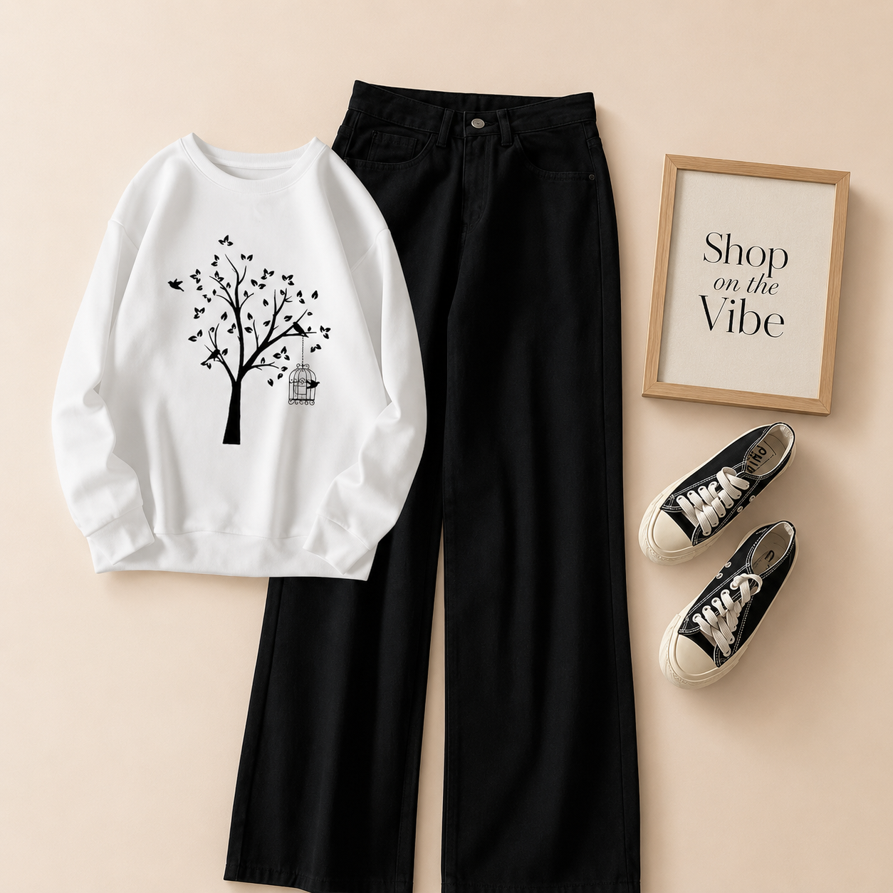 WHITE SWEATSHIRT NEW TREE WITH BLACK WIDE LEG JEANS