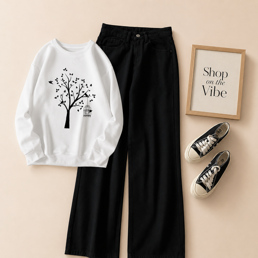 WHITE SWEATSHIRT NEW TREE WITH BLACK WIDE LEG JEANS