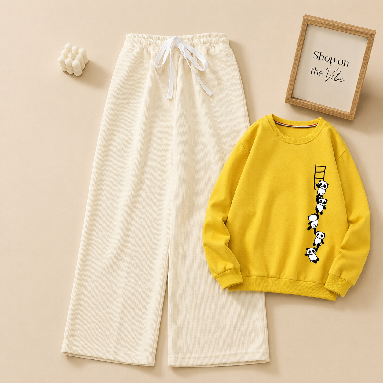 YELLOW SWEATSHIRT PANDA LADDER WITH BEIGE FLAPPER