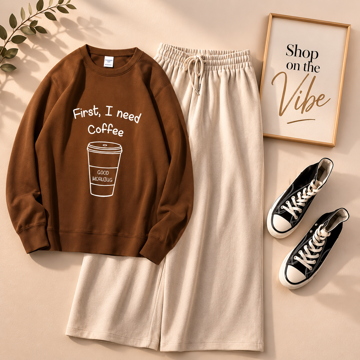 BROWN SWEATSHIRT FIRST I NEED COFFEE WITH BEIGE FLAPPER