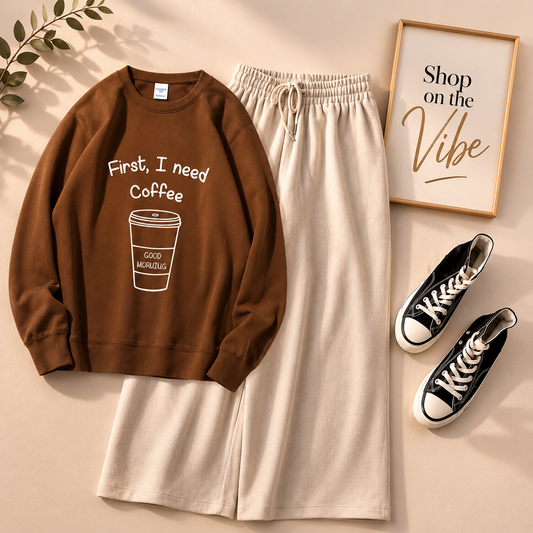 BROWN SWEATSHIRT FIRST I NEED COFFEE WITH BEIGE FLAPPER