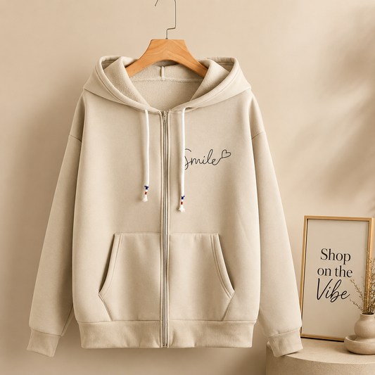 BEIGE ZIPPER HOOD SMILE HEART ON POCKET