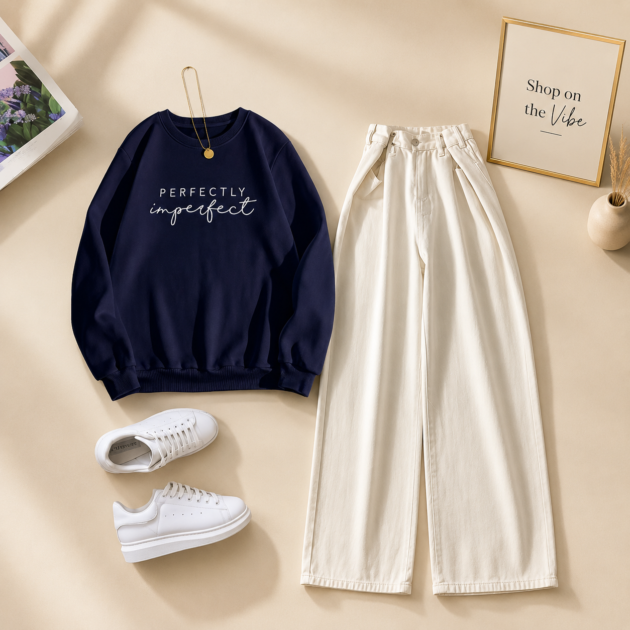 NAVY SWEATSHIRT PERFECTLY IMPERFECT WITH WHITE WIDE LEG JEANS