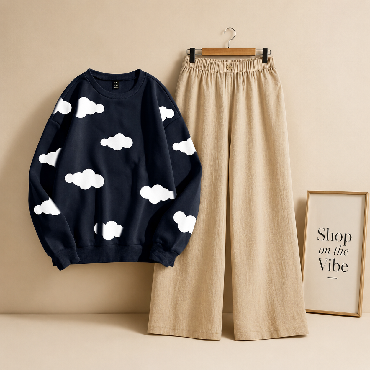 CLOUDS ALL OVER NAVY BLUE SWEATSHIRT WITH BEIGE FLAPPER