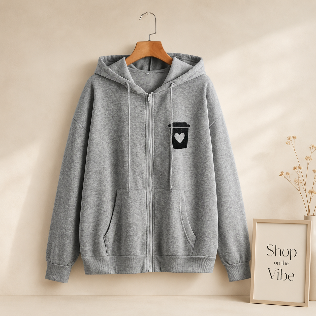 GREY ZIPPER HOOD COFFEE CUP ON POCKET