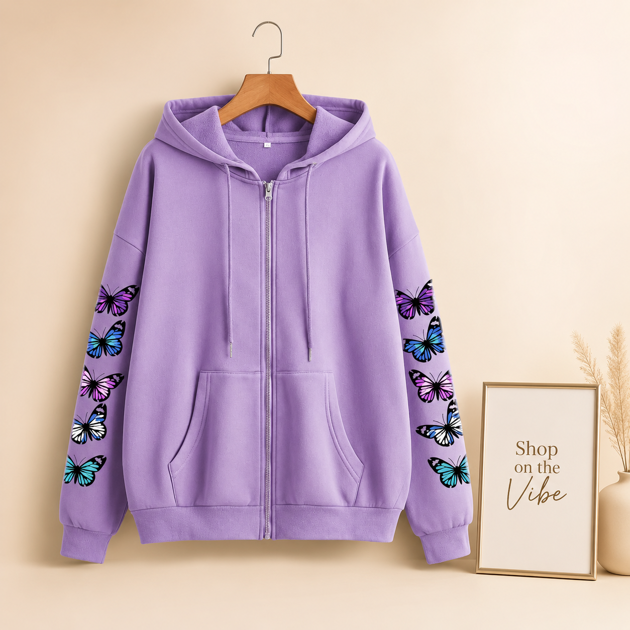 LILAC ZIPPER HOOD COLOURFUL BUTTERFLY LINE ON SLEEVE