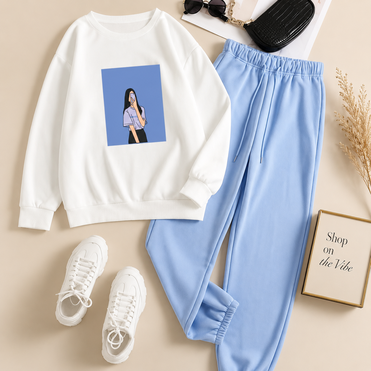 BLUE BACKGROUND GIRL WHITE SWEATSHIRT WITH SKY-BLUE SWEATPANTS