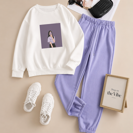 PURPLE BACKGROUND GIRL WHITE SWEATSHIRT WITH LILAC SWEATPANTS