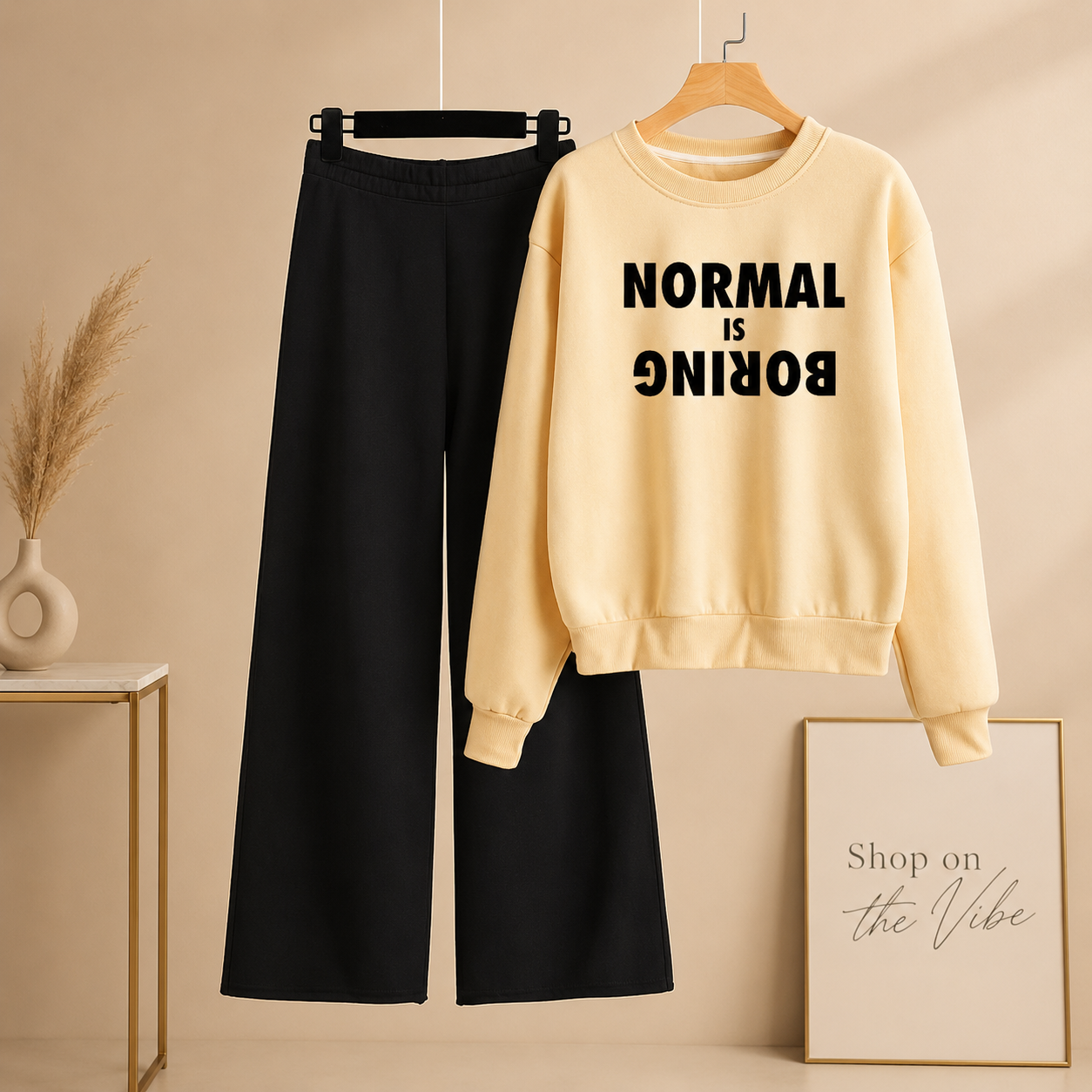 CREAM SWEATSHIRT NORMAL IS BORING WITH BLACK FLAPPER