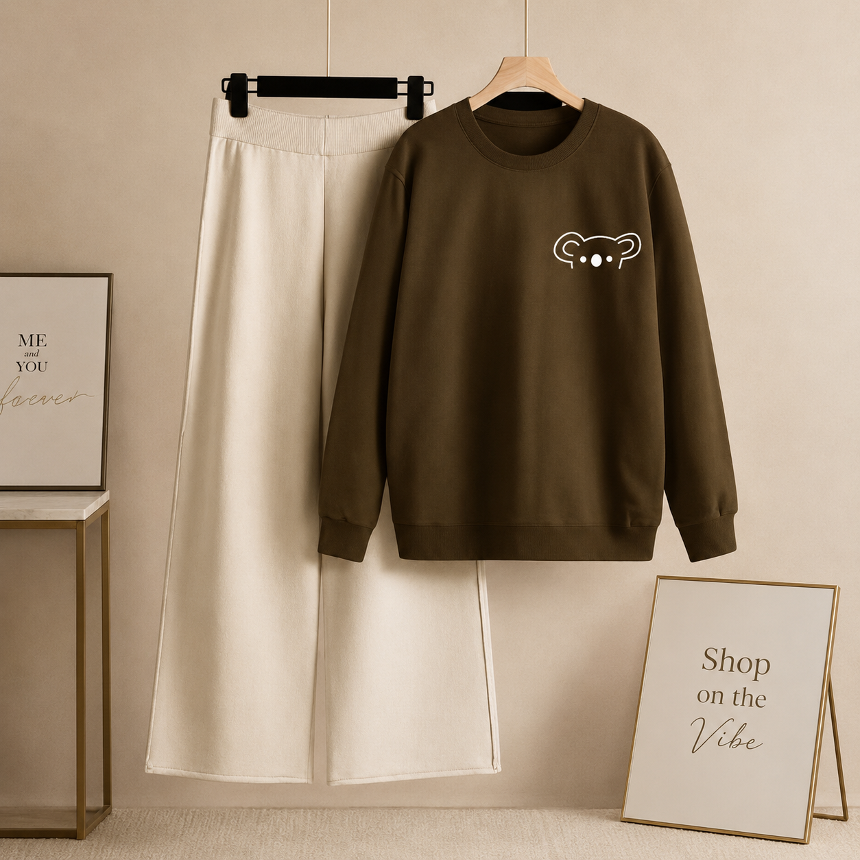 BROWN SWEATSHIRT CUTE BEAR ON POCKET WITH BEIGE FLAPPER
