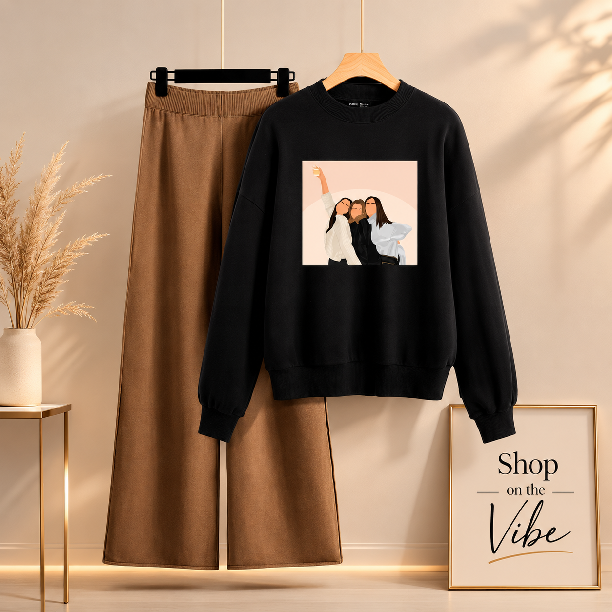 BLACK SWEATSHIRT THREE GRILS WITH BROWN FLAPPER