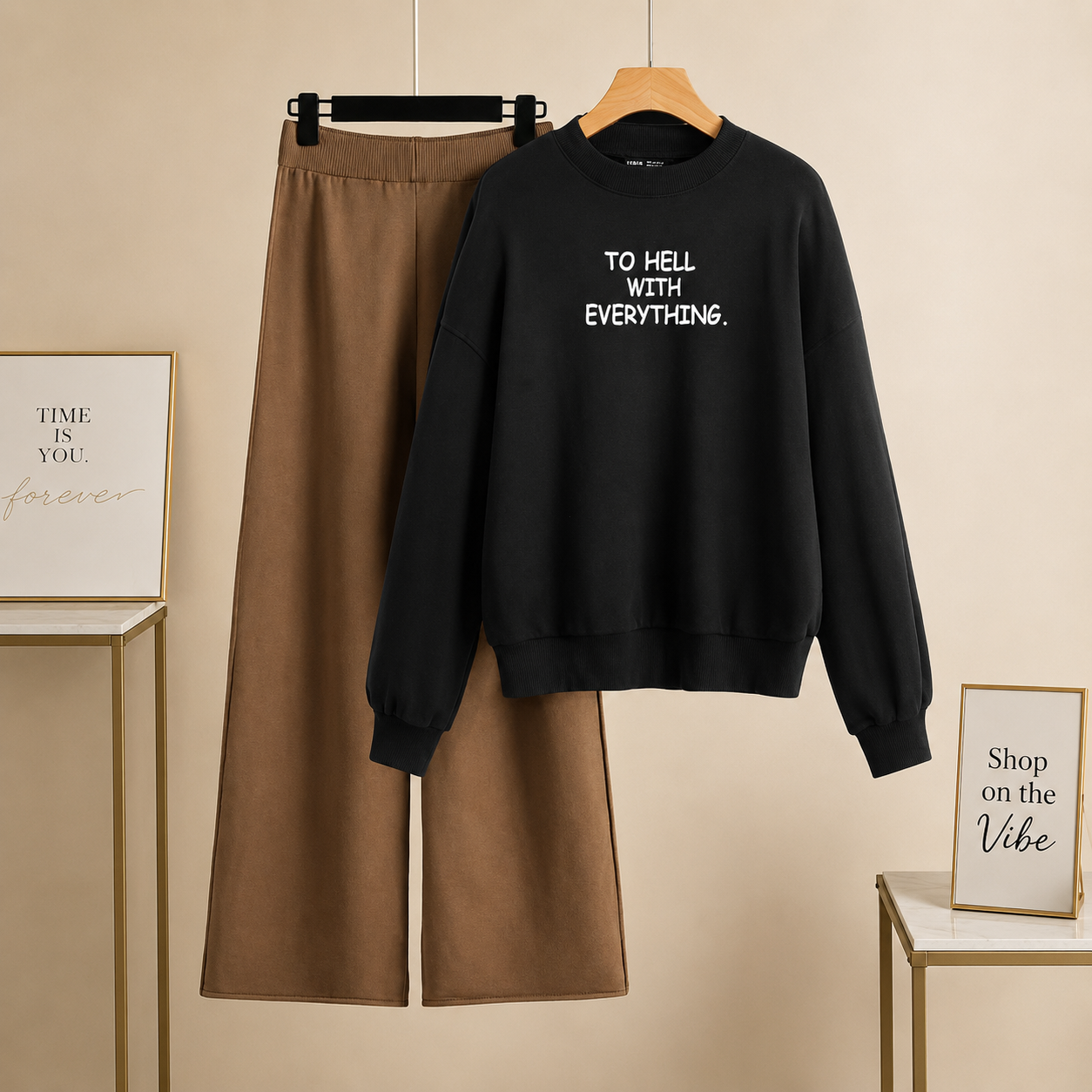 BLACK SWEATSHIRT TO HELL WITH EVERYTHING WITH BROWN FLAPPER