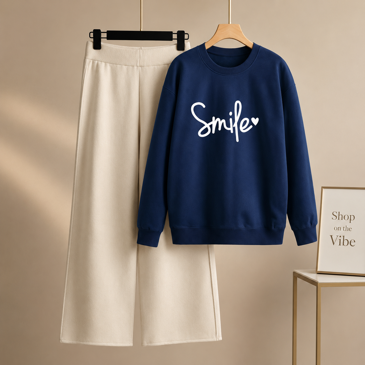 NAVY BLUE SWEATSHIRT SMILE HEART WITH BEIGE FLAPPER