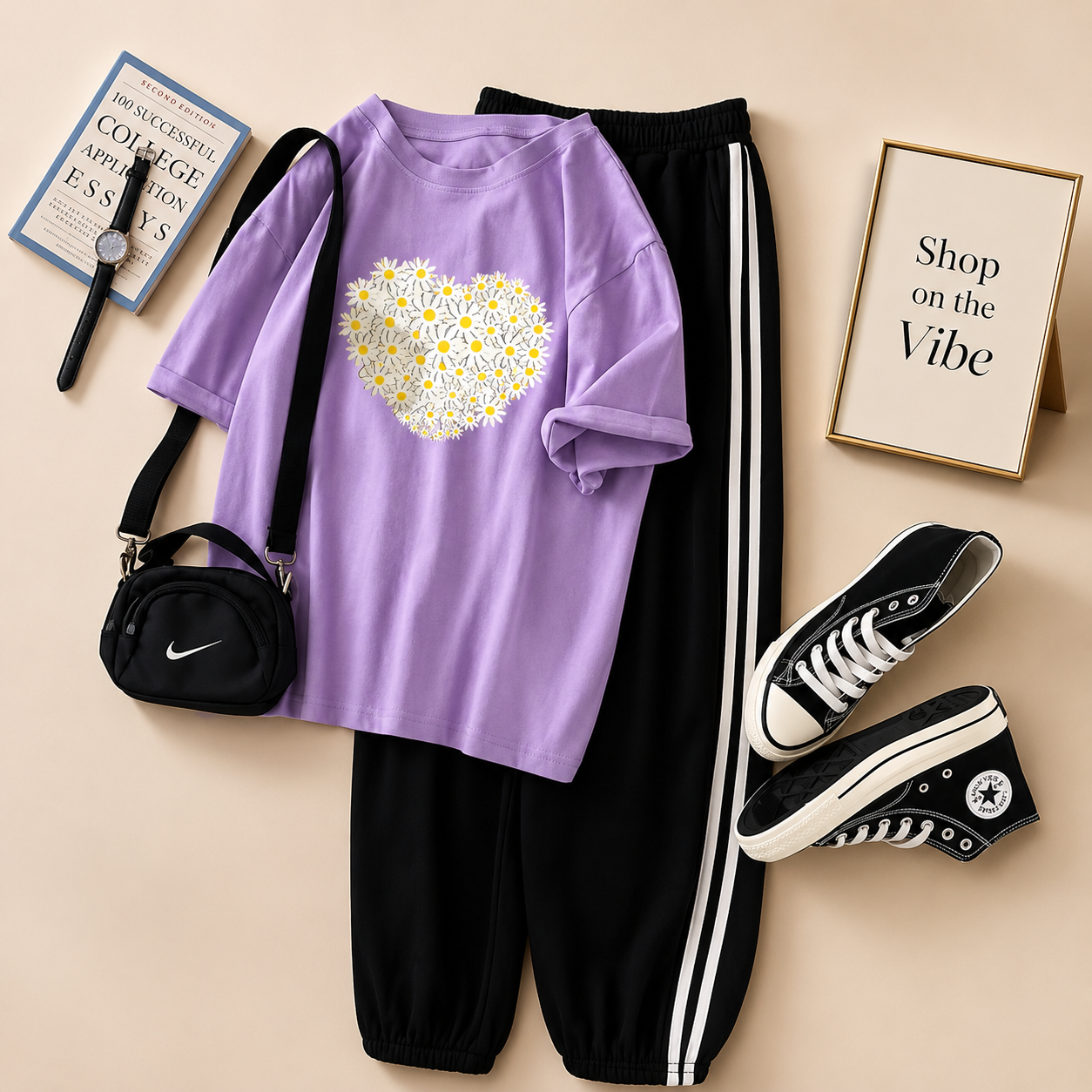 LILAC TSHIRT DAISY HEART WITH STRIPE TROUSER